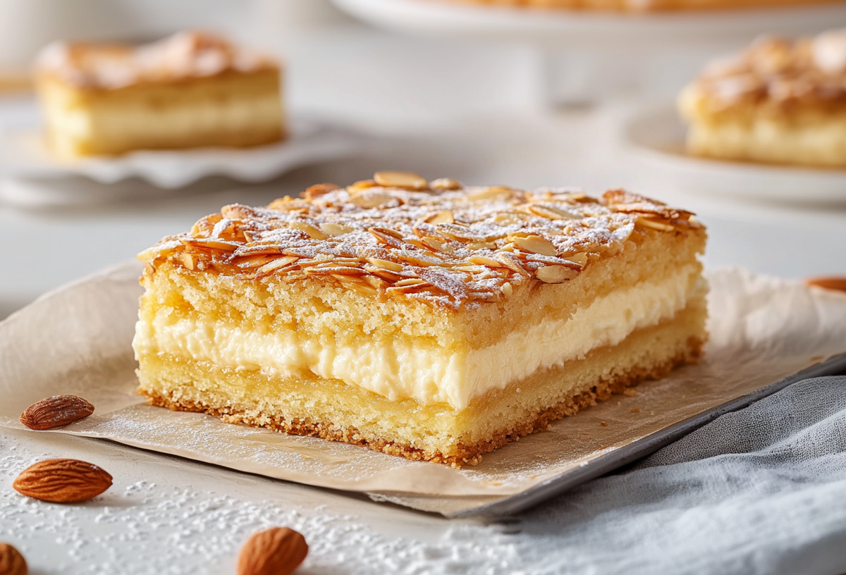 Ein Stück Bienenkuchen vom Blech liegt auf einem kleinen Backblech mit einem Stück Backpapier. Im Vordergrund liegen vier Mandeln. Im Hintergrund sieht man weitere Stücke des Kuchens.