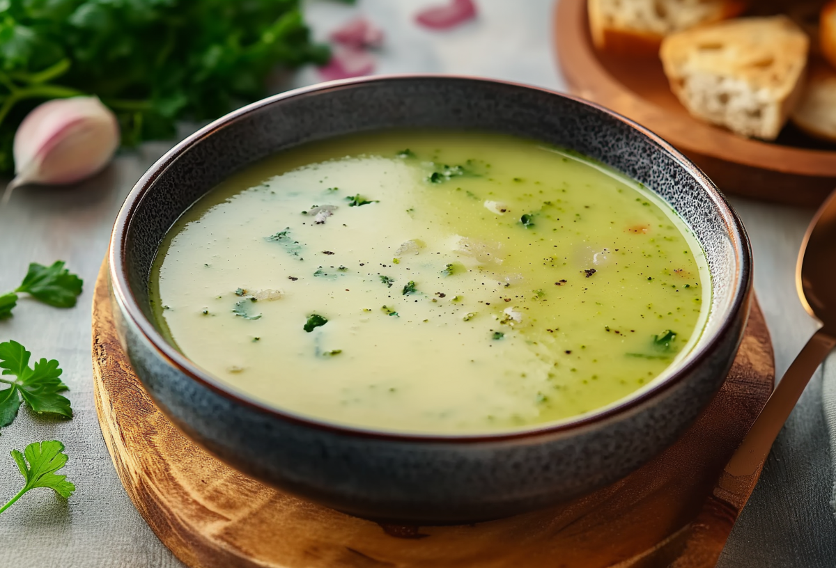Eine Schüssel mit Brokkolisuppe steht auf einem Holzuntersetzer. Rechts daneben liegt ein Löffel. Links im Bild liegen einige frische Kräuter sowie eine Knoblauchzehe. Im Hintergrund sieht man gehackte Zwiebeln sowie eine Stücke Brot.