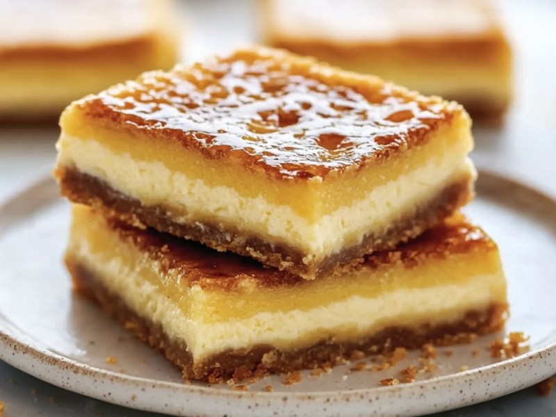 Zwei Stücke Crème-Brûlée-Käsekuchen vom Blech auf einem Teller.