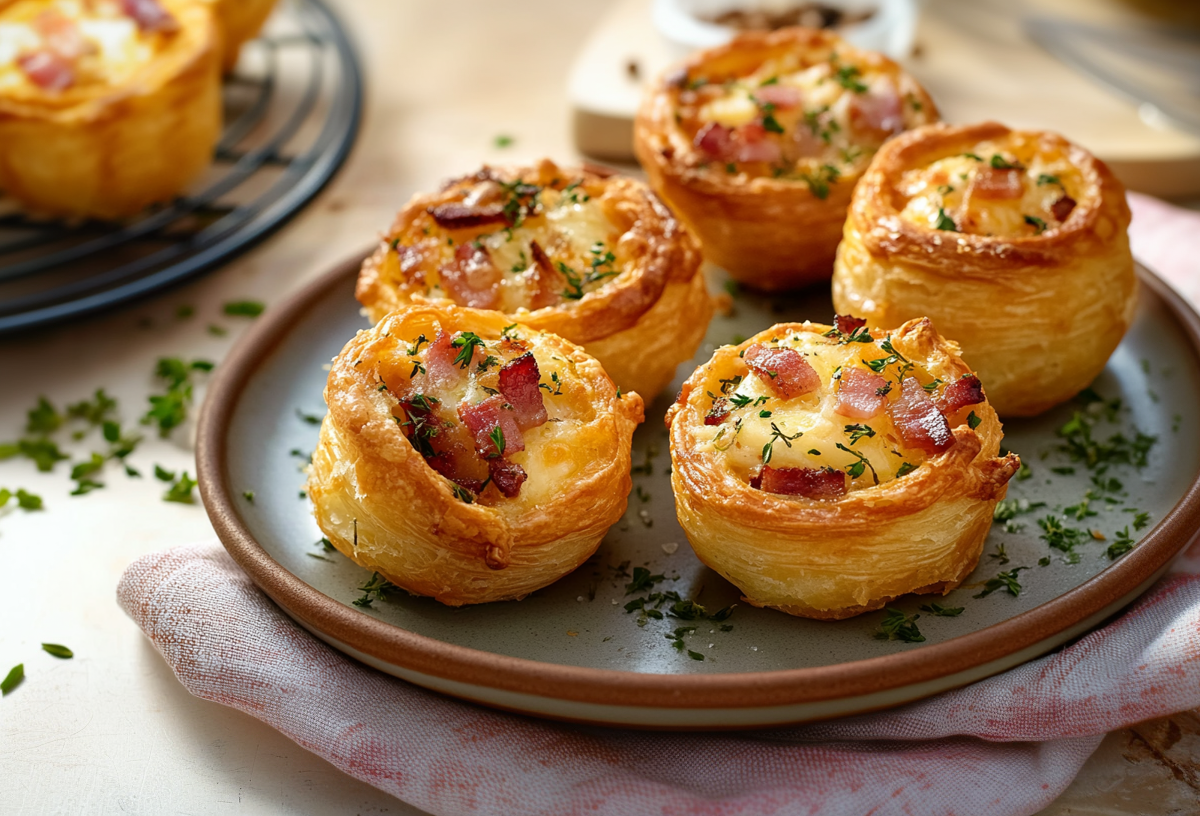 Fünf Cruffins mit Speck stehen auf einem grauen Teller. Sie sind mit Speck und Käse gefüllt und mit Kräutern bestreut. Im Hintergrund sieht man auf einem Rost weitere Cruffins stehen.