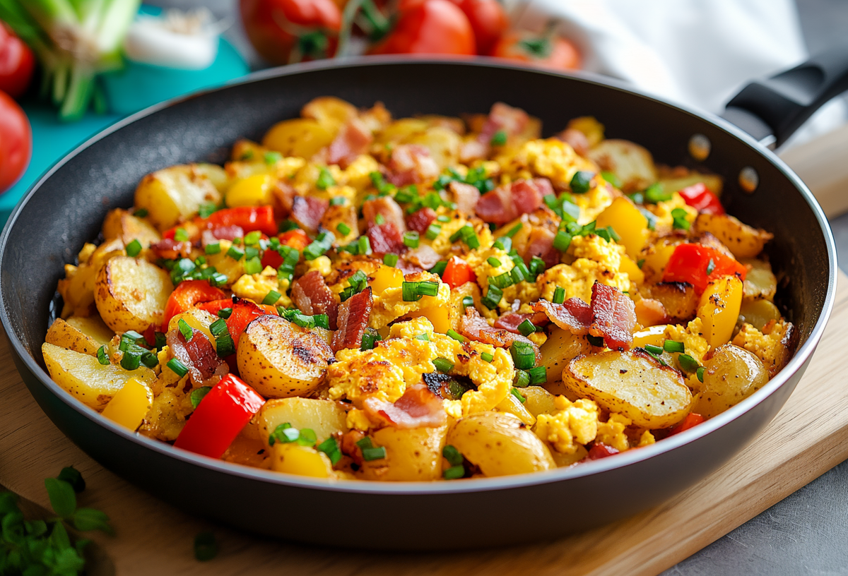 Eine Bauernpfanne mit Kartoffeln, Paprika, Frühlingszwiebeln, Ei und Speck auf einem Holzbrett. Im Hintergrund sieht man frische Paprika und Frühlingszwiebeln liegen.