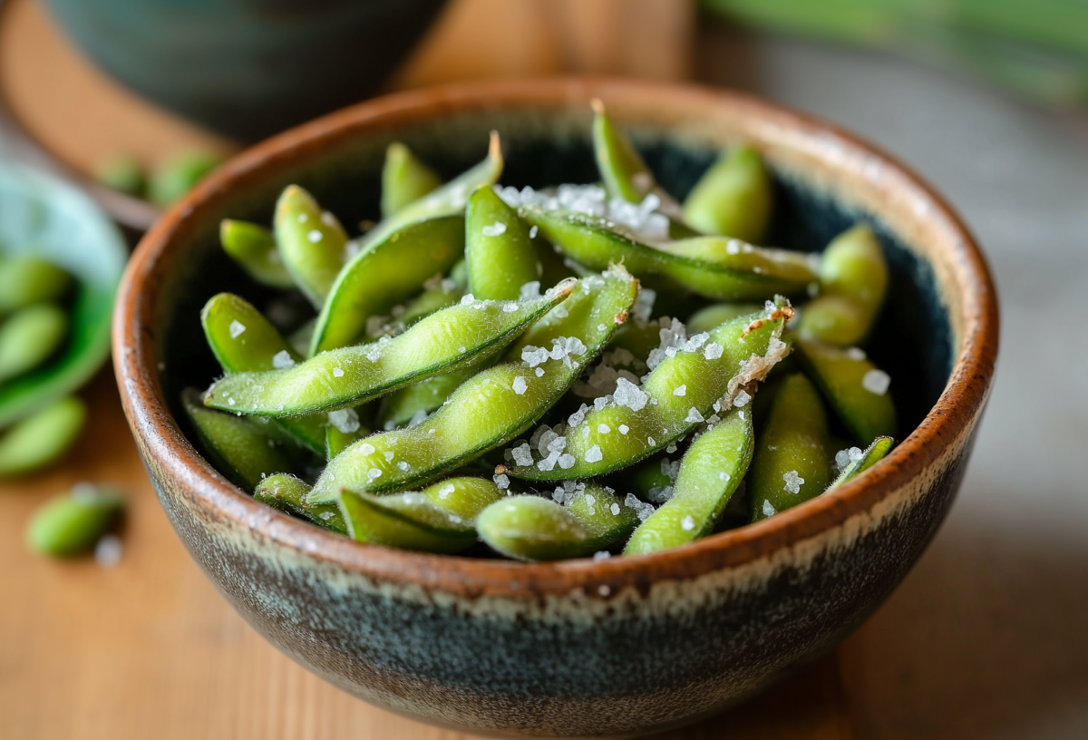 Eine Schüssel Edamame mit Meersalz steht auf einem Holzbrett. Im Hintergrund sieht man einige bereits geschälte Bohnen.