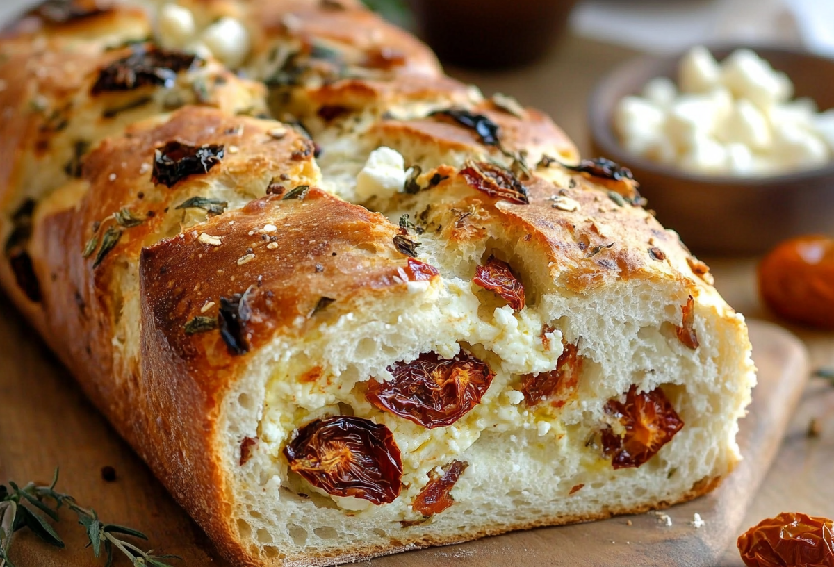 Ein angeschnittenes Feta-Tomaten-Brot.