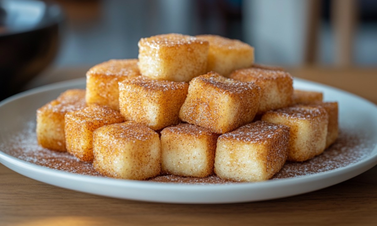 French-Toast-Würfel auf einem Teller gestapelt.