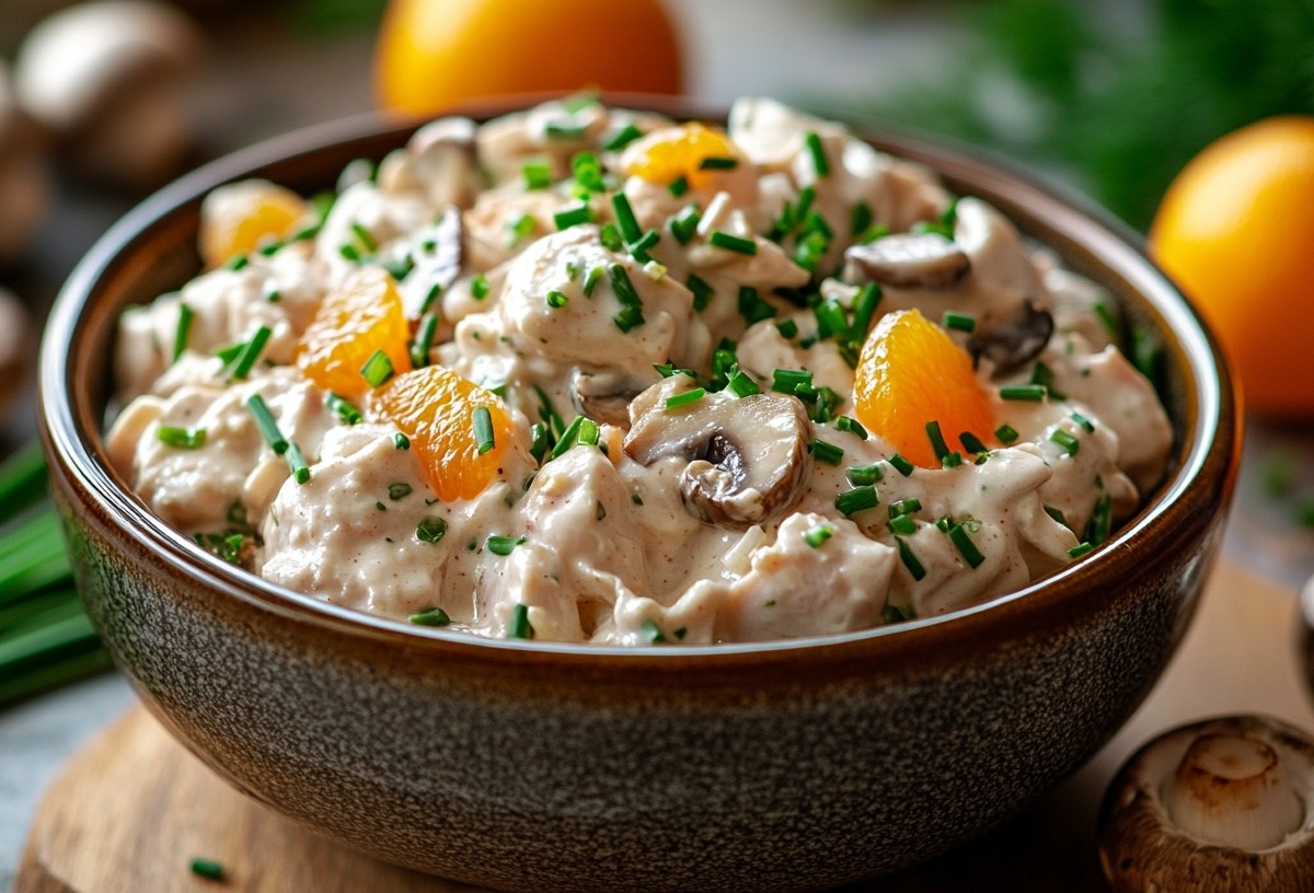 Eine Schüssel Geflügelsalat mit Mandarinen und Pilzen. Drumherum einige Zutaten.