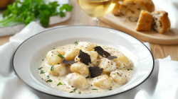 Ein Teller mit einer Portion Gnocchi mit Ziegenkäse und Trüffel. Die Gnocchi sind in einer Trüffel-Sahnesoße, die mit frischer Petersilie verfeinert ist, serviert. Außerdem sind die Gnocchi mit gehobelten Trüffelscheiben garniert. Im Hintergrund ist ein Holzbrett mit aufgeschnittenem Baguette zu sehen. Der Teller steht auf einer weißen, drapierten Stoffserviette. Außerdem liegt ein Bund frischer Petersilie herum.