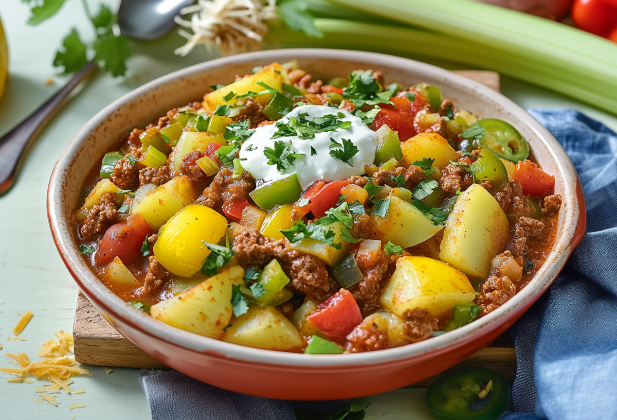 Eine Schale mit buntem Chili con Carne in einer roten Schüssel steht auf einem Holzbrett. Rechts daneben liegt ein blaues Tuch. Im Hintergrund sieht man eine Stange Staudensellerie, einen Löffel und eine Kartoffel.