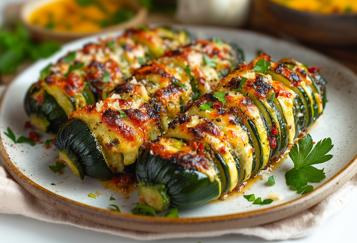 Drei Hasselback-Zucchini liegen auf einem Teller. Sie sind mit Käse überbacken und mit frischen Kräutern bestreut. Der Teller steht auf einem beigen Tuch. Im Hintergrund sieht man frische Kräuter und Schalen mit Soßen.
