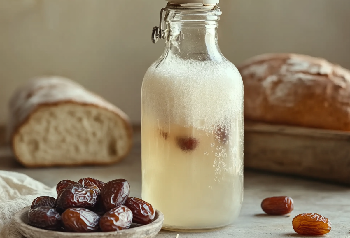 Hefe selbst machen: eine Flasche mit Hefewasser vor eignen Brotlaiben.