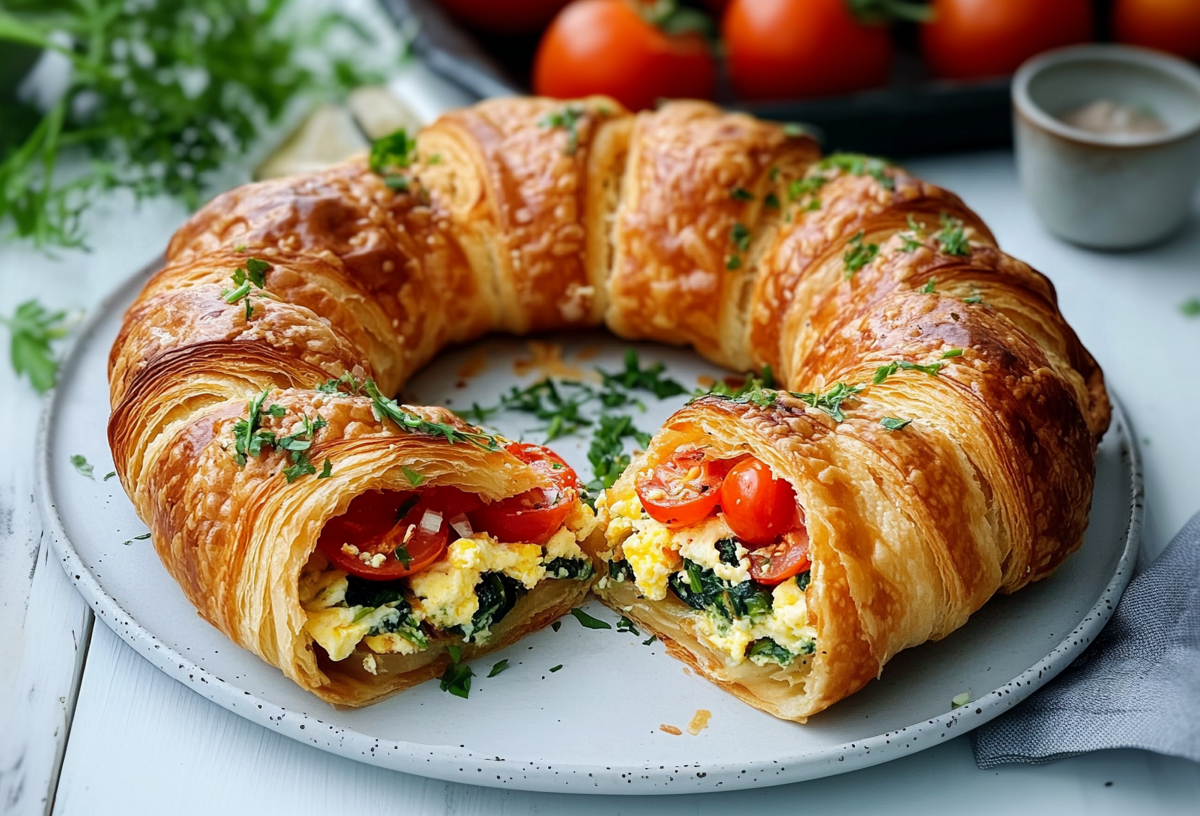 Ein herzhafter Croissant-Ring liegt auf einem grauen Teller. Im Hintergrund liegen einige frische Kräuter und Tomaten. Der Ring ist mit Rührei, Tomaten, Spinat und Frühlingszwiebeln gefüllt.