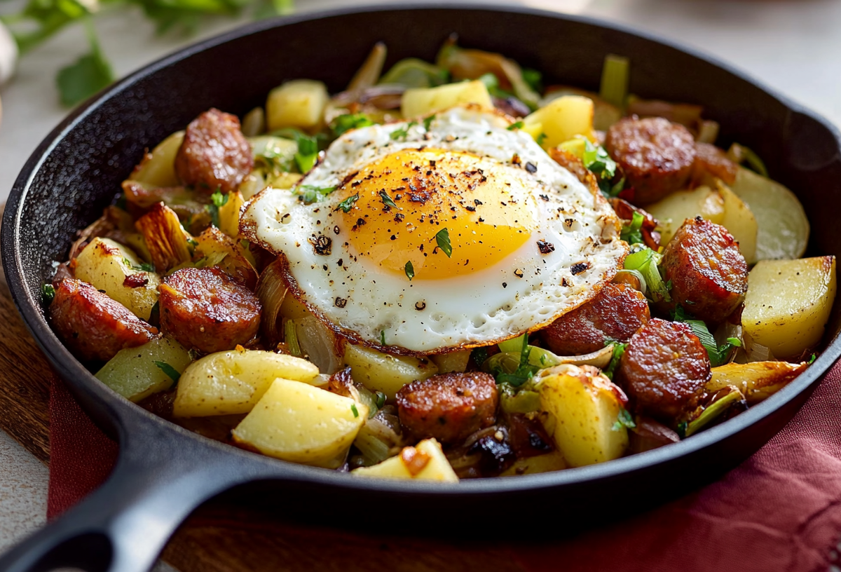 Holzfällerpfanne: Kartoffel-Lauch-Pfanne mit Wurst und Spiegelei.