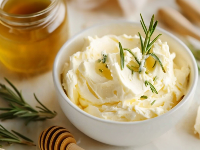 Honig-Rosmarin-Butter in einer Schüssel, garniert mit Rosmarin. Daneben steht ein Glas Honig.