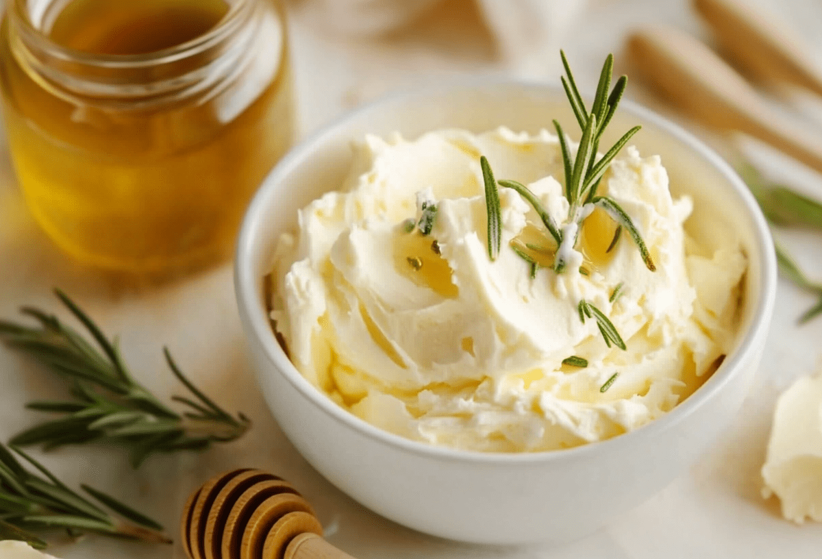 Honig-Rosmarin-Butter in einer Schüssel, garniert mit Rosmarin. Daneben steht ein Glas Honig.