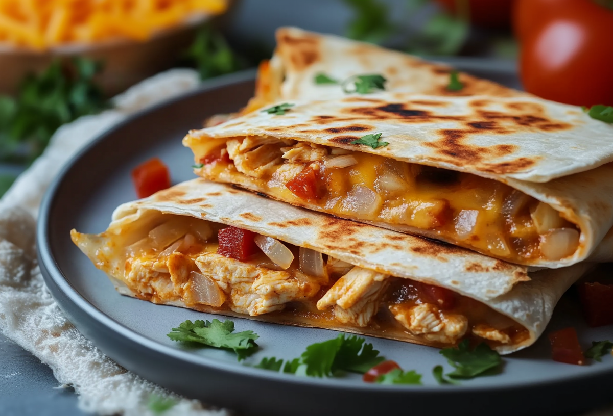 Zwei Hühnchen-Quesadillas liegen auf einem grauen Teller. Sie sind mit Hähnchenbrust, Paprika, Zwiebeln und Käse gefüllt. Im Hintergrund seht man noch frische Kräuter liegen sowie eine Schale mit geriebenem Käse.