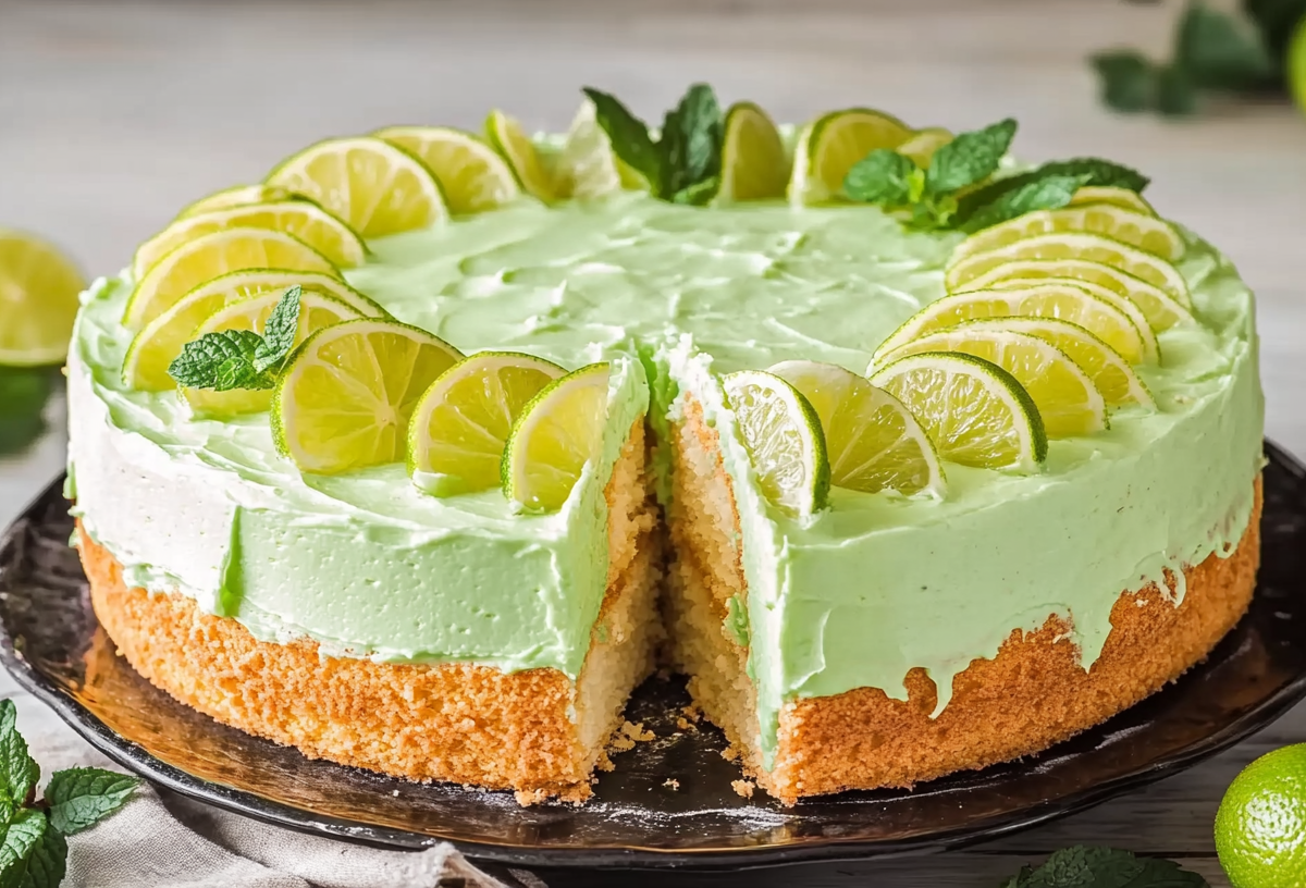 Hugo-Torte, dekoriert mit Limetten und Minze, auf einem Kuchenteller.