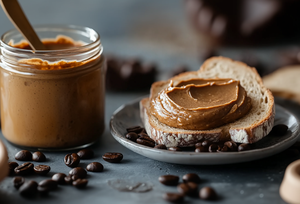 Ein Glas mit Kaffee-Aufstrich. Rechts daneben steht ein Teller mit einem Brot. Darauf ist ein wenig vom Kaffee-Aufstrich verteilt. Im Vordergrund liegen einige Kaffeebohnen verteilt. Im Hintergrund sieht man eine weitere Scheibe Brot.