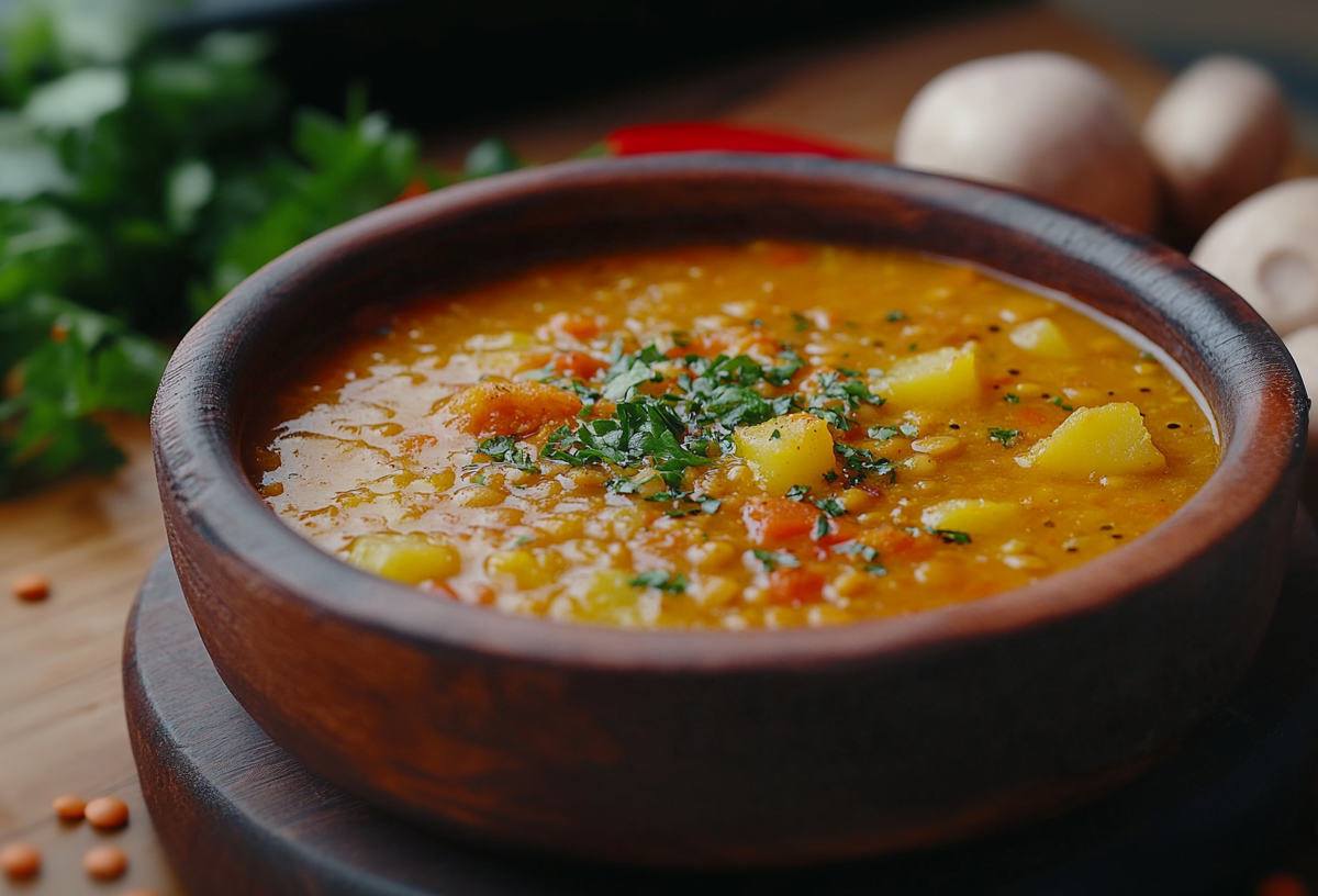 Eine rustikale Tonschüssel mit Kartoffel-Linsensuppe.