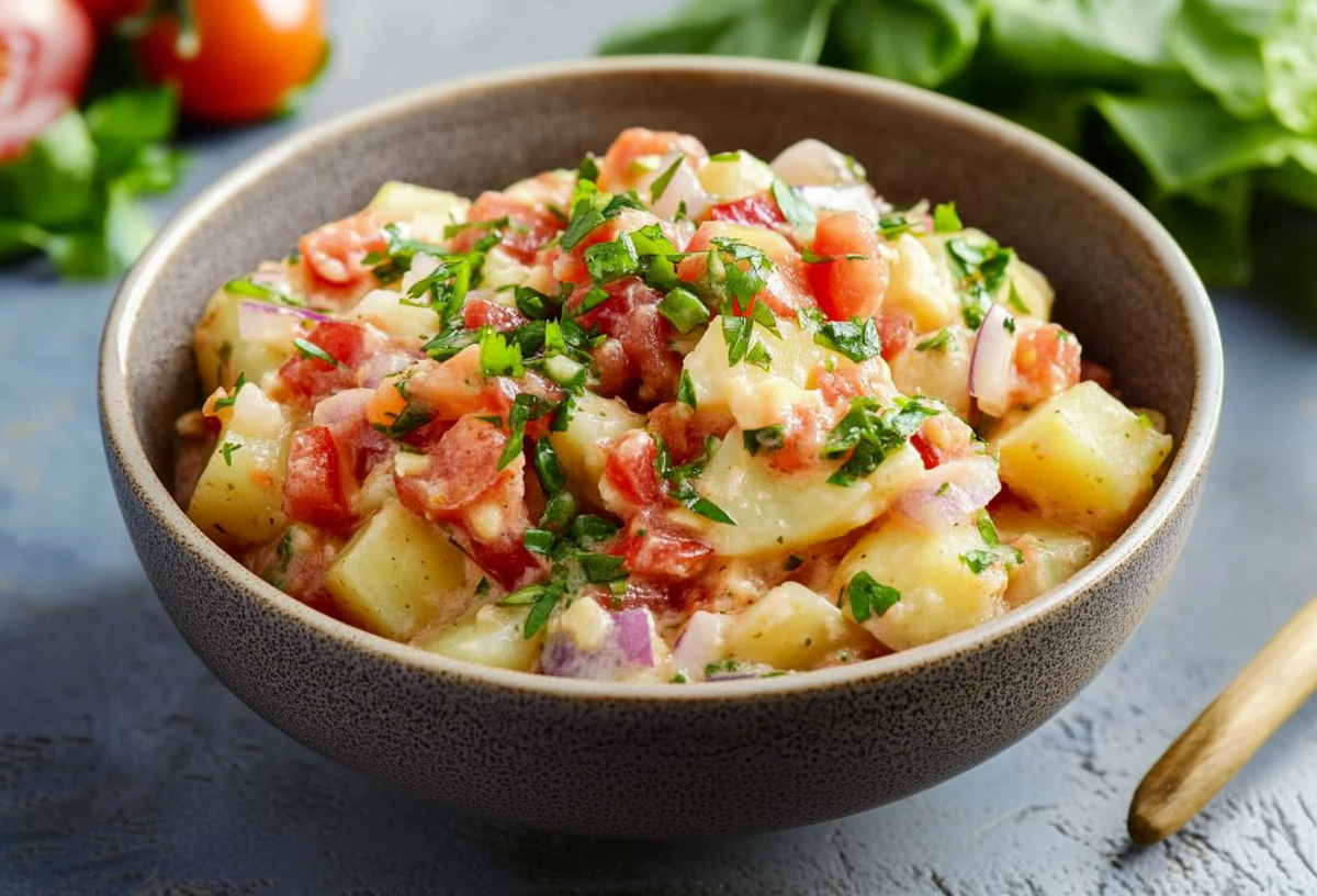 Eine Schüssel Kartoffelsalat mit Salsadressing. Der Salat ist mit frischen Kräutern bestreut. Im Hintergrund sieht man noch Tomaten und frischen Salat liegen.