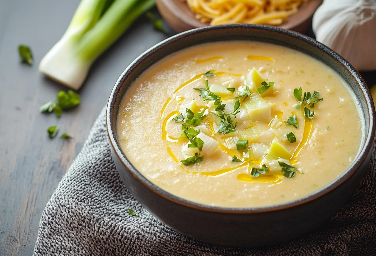 Schüssel mit Käse-Lauch-Suppe