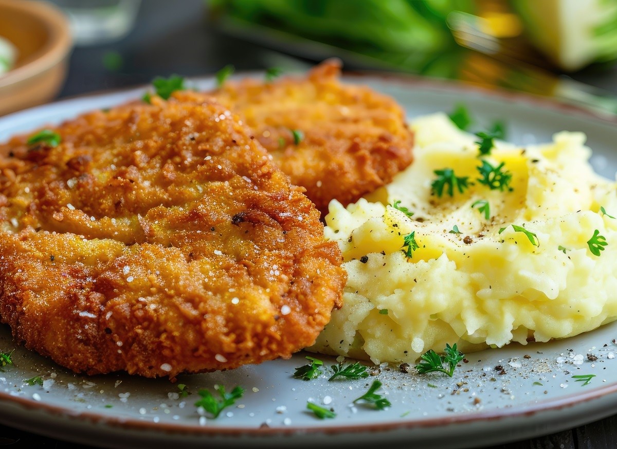 Ein Teller mit Kohlrabi-Schnitzel und Kartoffelpüree