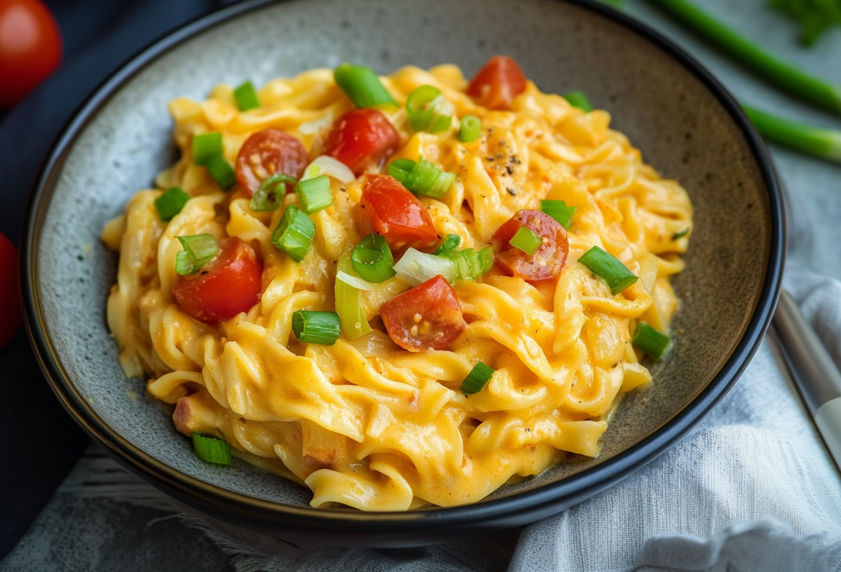 Eine Schüssel mit cremigen Kokos-Curry-Nudeln. Sie steht halb auf einem Tuch. Rechts daneben liegt ein Löffel. Im Hintergrund liegen zwei Frühlingszwiebeln. Links neben der Schüssel liegen noch drei Tomaten.