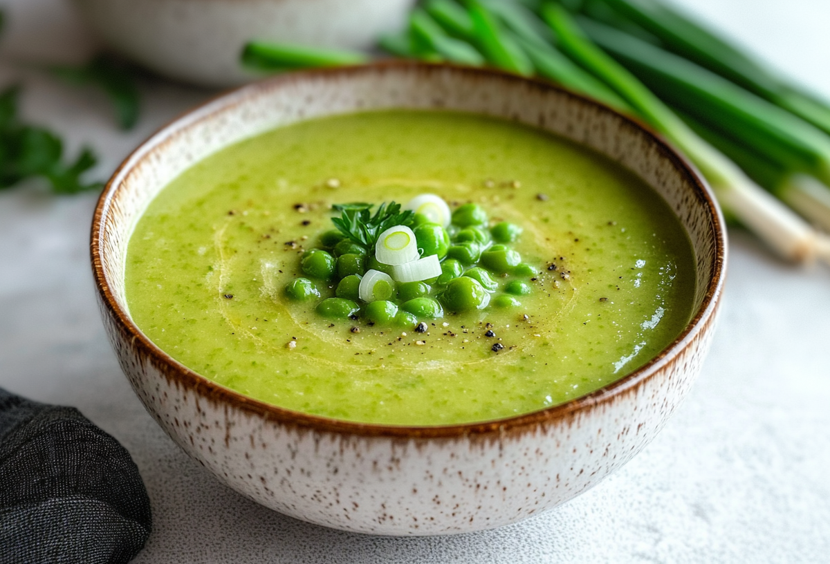 Eine Schüssel mit Kokos-Erbsen-Suppe steht auf einem hellen Untergrund. Hinten rechts im Bild liegen einige Frühlingszwiebeln. Links im Bild befinden sich noch ein paar Kräuter sowie ein dunkles Küchentuch.