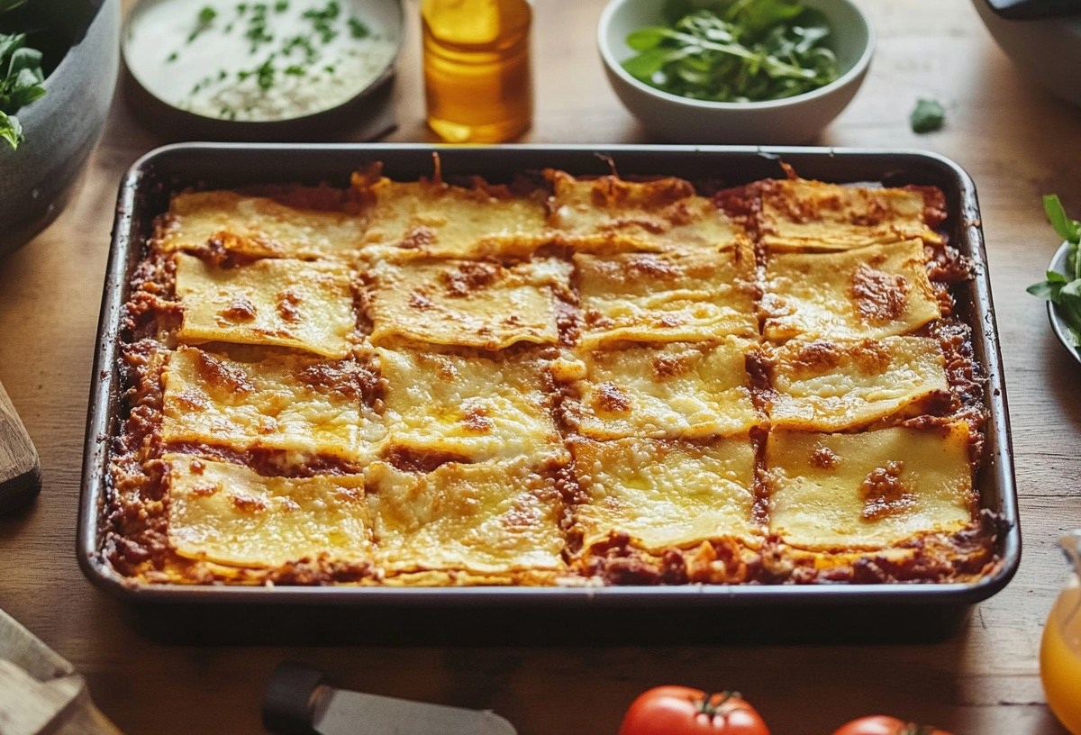 Lasagne vom Blech, drumherum viele verschiedene Zutaten.