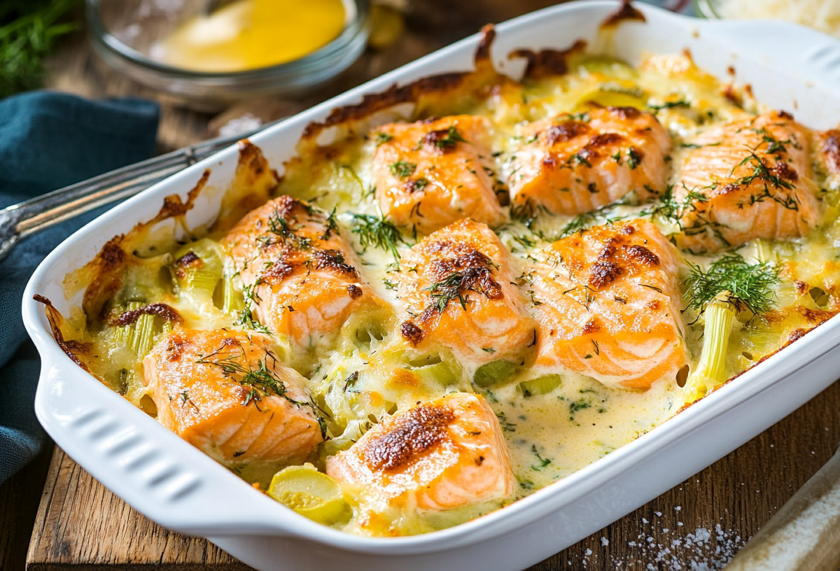 Lauch-Lachs-Auflauf in einer Auflaufform aus Keramik.