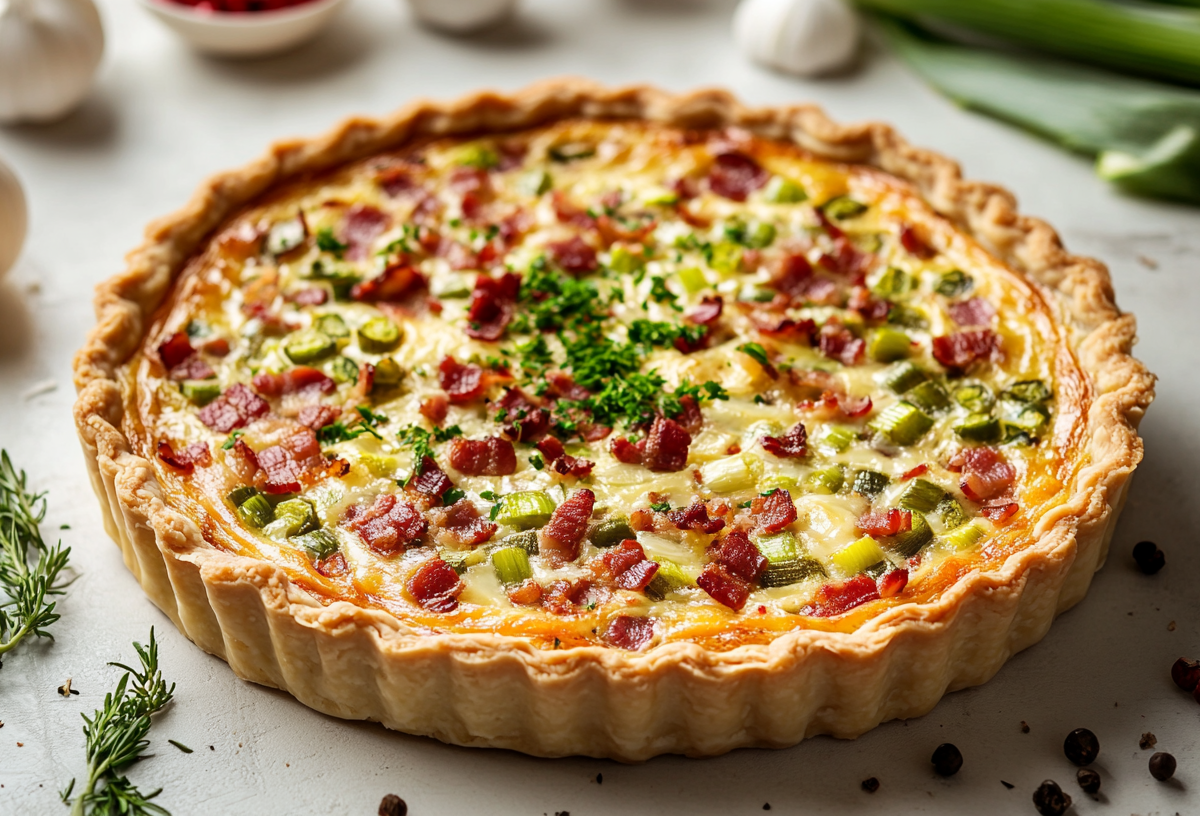 Eine frischgebackene Lauch-Speck-Quiche mit Schnittlauchröllchen darauf.