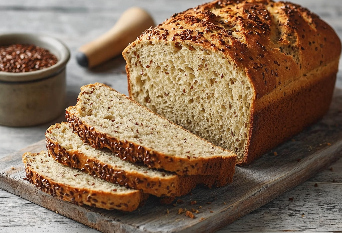 Ein angeschnittener Laib Leinsamenbrot ohne Hefe.