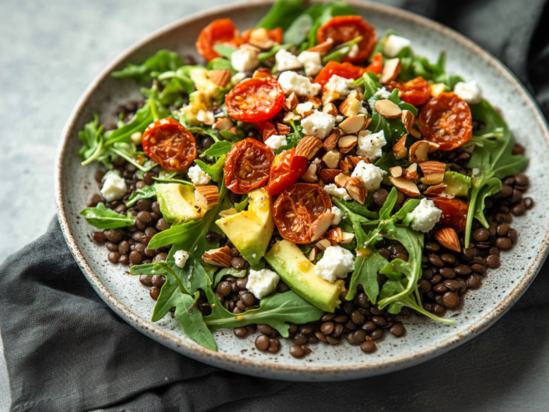 Ein großer Teller mit Linsen-Rucola-Salat mit getrockneten Tomaten und Feta. Der Salat ist mit gehackten, gerösteten Mandeln getoppt. Der Teller steht auf einem dunkelgrauen Küchenhandtuch.