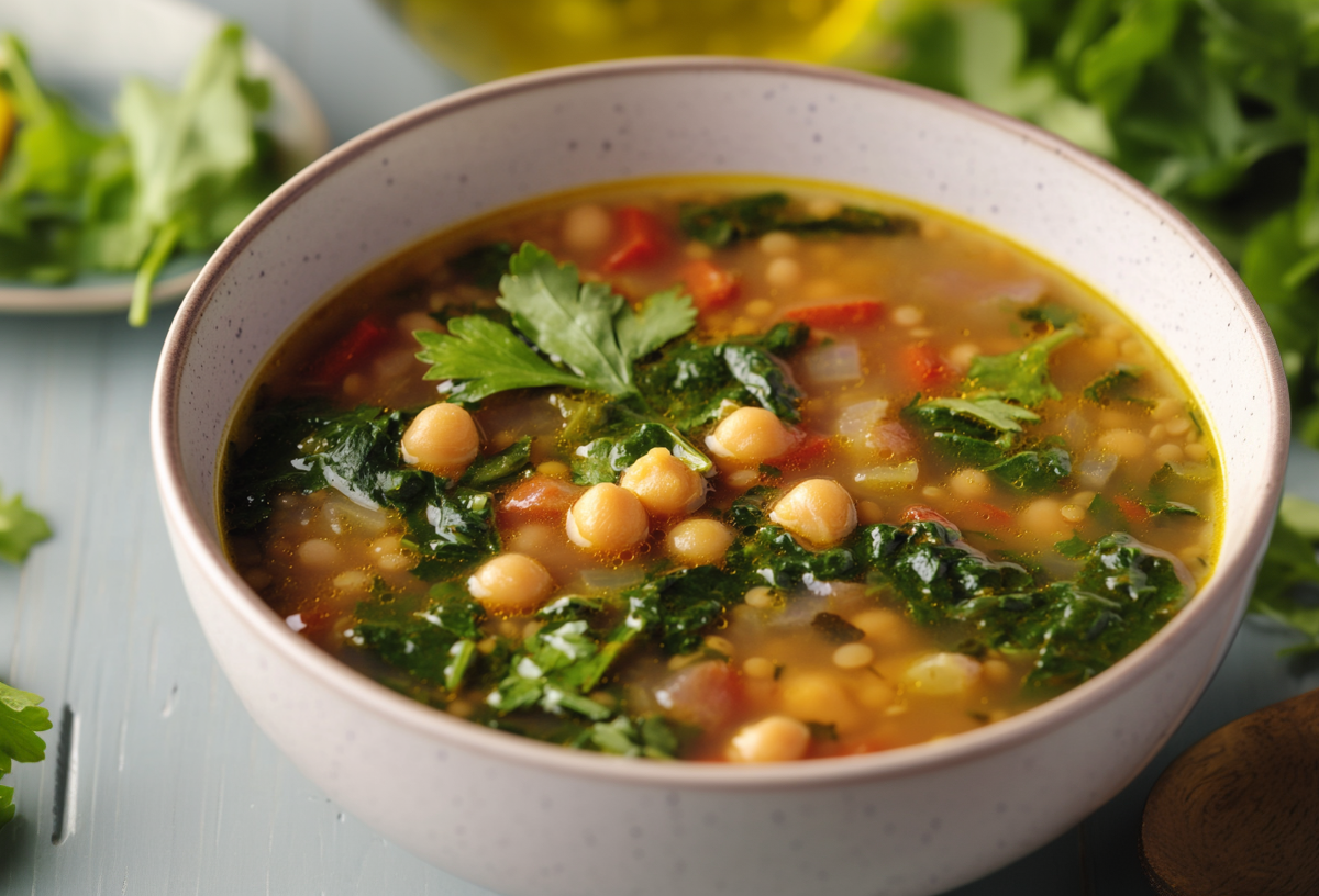Eine helle Schüssel mit Linsen-Spinatsuppe steht auf einem grauen Tisch. Sie ist mit Kichererbsen, Spinat, Koriander und Karotten zubereitet. Links im Bild liegt weiterer frischer Koriander. Im Hintergrund sieht man eine angeschnittene Zitrone. Rechts im Bild liegt mehr Koriander sowie ein Holzlöffel.