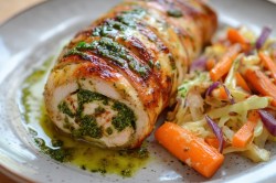 Mediterrane Hähnchen-Roulade auf einem Teller mit Gemüsebeilage
