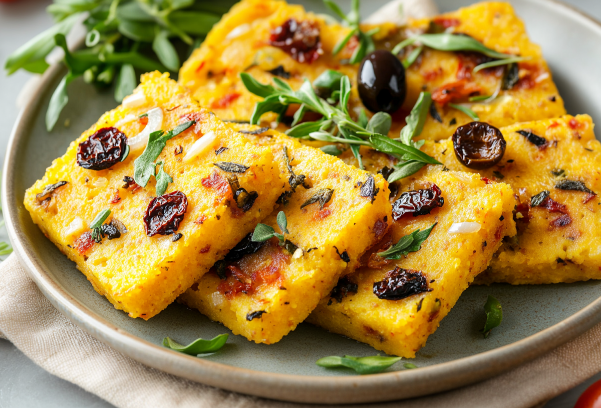 Einige mediterrane Polenta-Scheiben liegen auf einem grauen Teller. Sie sind mit frischen Kräutern angerichtet. Rechts im Bild liegt eine Tomate, links im Bild sieht man mehrere Oliven liegen.