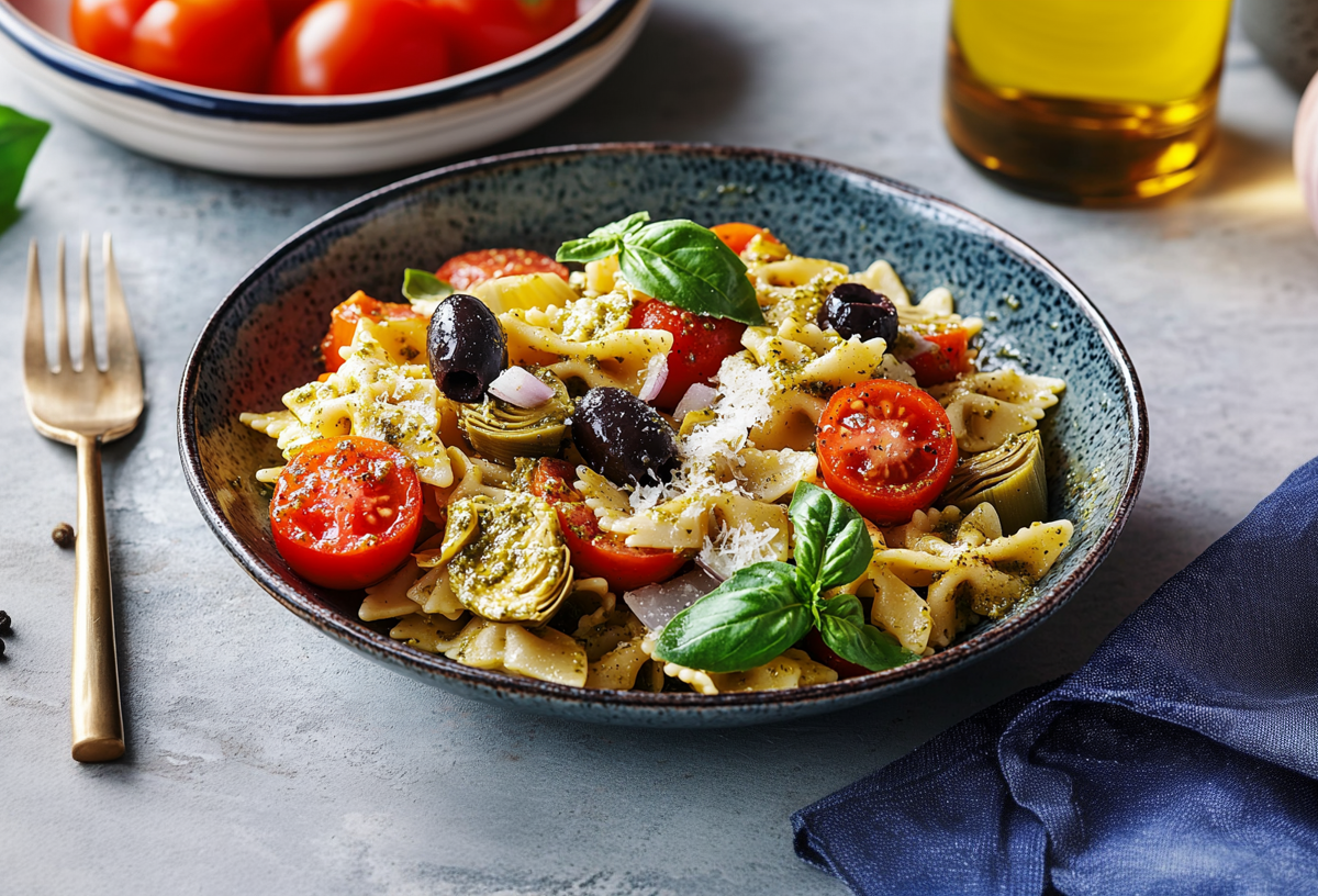 Eine Schüssel mit Nudel-Artischockensalat auf einem grauen Tisch. Links neben dem Salat liegt eine Gabel und einige Pfefferkörner. Daneben liegt frischer Basilikum. Im oberen Teil des Bildes stehen Tomaten, eine Flasche Öl sowie eine Knoblauchknolle. Rechts liegt ein blaues Tuch mit Basilikum darauf.