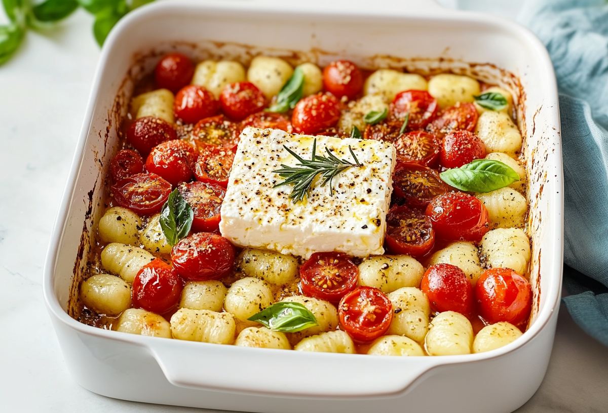 Ofen-Gnocchi mit gebackenem Käse auf einem hellen Untergrund. Rechts neben der Auflaufform liegt ein hellblaues Tuch. Links im Hintergrund sieht man ein wenig frischen Basilikum liegen.