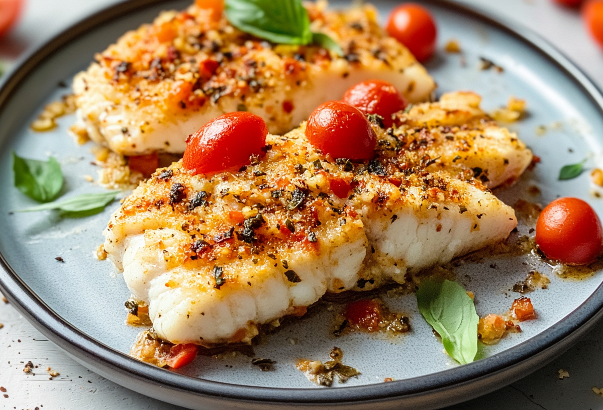 Zwei Stücke Ofenseelachs mit mediterraner Kruste liegen auf einem grauen Teller. Sie sind mit frischen Kräutern sowie Cherrytomaten garniert.