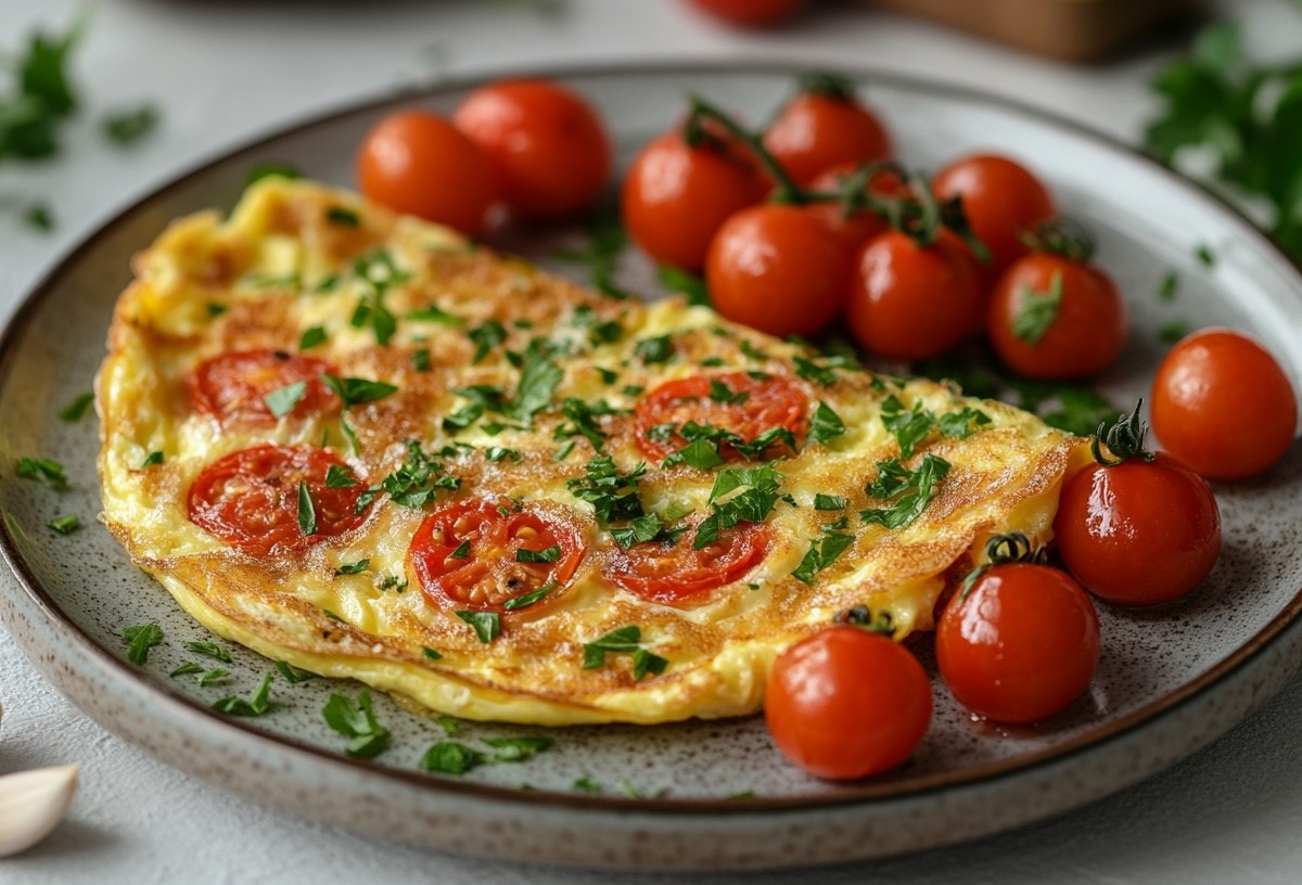Ein Omelett mit Bärlauch und Tomaten auf einem Teller, auf dem noch ein paar kleine Tomaten liegen.