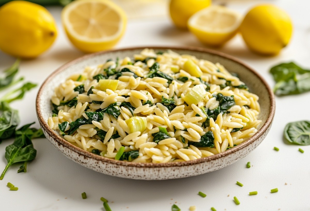 Ein Teller Orzo-Lauch-Pfanne mit Zitrone und Spinat, drumherum Spinatblätter und Zitronen.