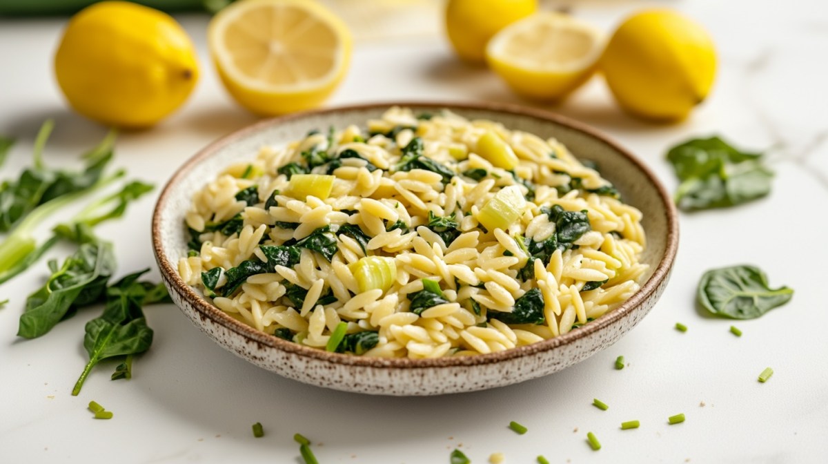 Ein Teller Orzo-Lauch-Pfanne mit Zitrone und Spinat, drumherum Spinatblätter und Zitronen.