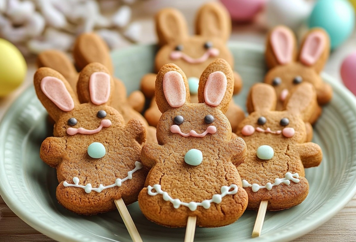 Ein paar Osterhasen-Lollis, Kekse in Hasenform am Stiel und verziert mit Zuckerschrift, auf einem Teller. Drumherum ein paar bunte Dekoeier.