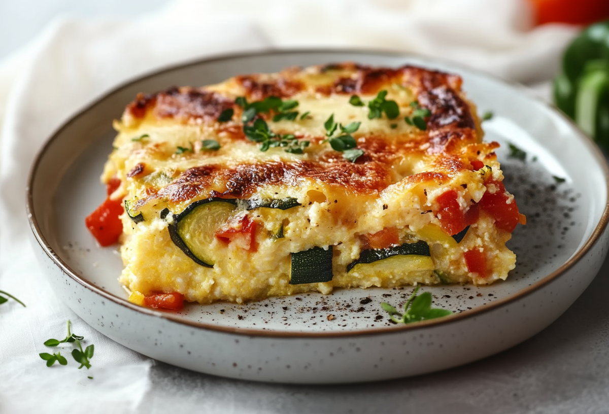 Ein Stück Polenta-Gratin liegt auf einem grauen Teller. Links neben dem Teller liegen einige Kräuter. Rechts im Hintergrund sieht man eine grüne Paprikaschote.