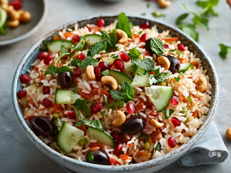 Eine große Schüssel Reissalat mit Granatpfelkernen. Er ist mit Gurken, Cashewkernen, Minzblättern und Oliven angerichtet. Rechts von der Schüssel liegt ein helles Tuch sowie einige Minzblätter und Cashekerne. Am rechen Rand des Bilder sieht man einen aufgeschnittenen Granatapfel. Links steht eine kleine Schüssel mit Limettenspalten, Minze, Cashekernen und Granatapfelkernen.