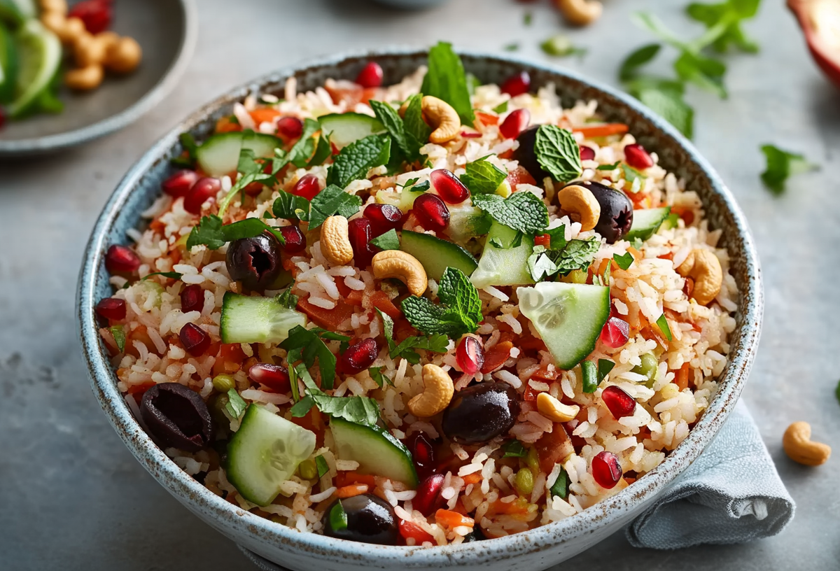 Eine große Schüssel Reissalat mit Granatpfelkernen. Er ist mit Gurken, Cashewkernen, Minzblättern und Oliven angerichtet. Rechts von der Schüssel liegt ein helles Tuch sowie einige Minzblätter und Cashekerne. Am rechen Rand des Bilder sieht man einen aufgeschnittenen Granatapfel. Links steht eine kleine Schüssel mit Limettenspalten, Minze, Cashekernen und Granatapfelkernen.