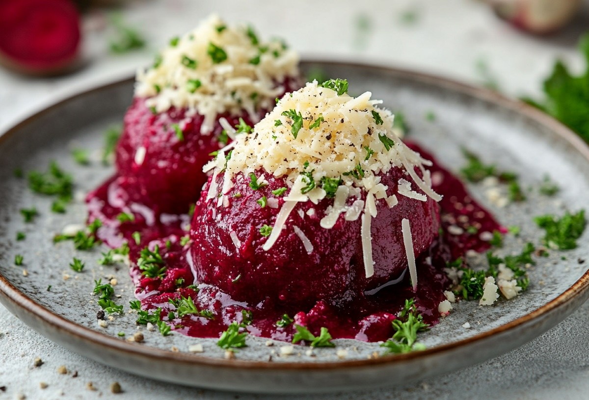 Zwei Rote-Bete-Knödel bestreut mit Käse und Petersilie auf einem Teller. Im Hintergrund unscharf einige Zutaten. Nahaufnahme.