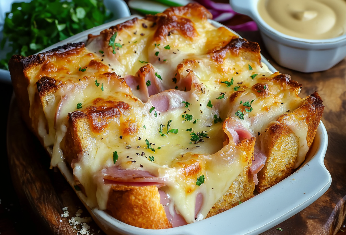 Sandwich-Lasagne in einer Keramik-Auflaufform.