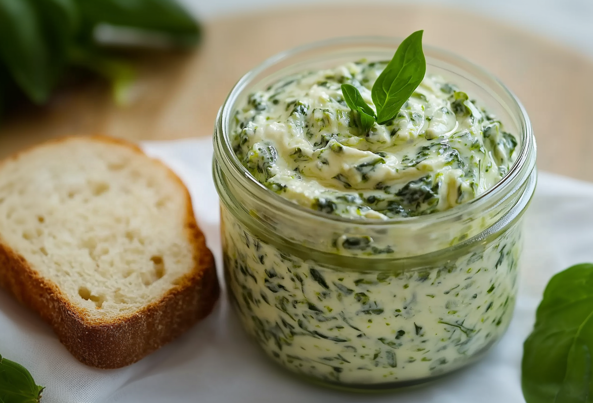 Ein Glas mit Schmand-Spinat-Creme auf einem weißen Tuch. Rechts daneben liegt ein Spinatblatt. Links daneben liegt eine Scheibe Brot sowie weiterer Spinat.