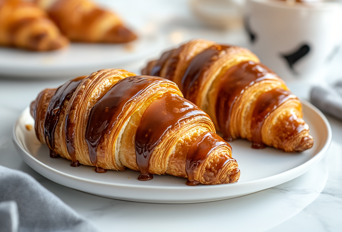 Zwei Schoko-Karamell-Croissants auf einem Teller. Im Hintergrund steht ein weiterer Teller mit Croissants.