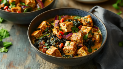 Eine Schüssel Schwarzkohl-Curry steht auf einem Holztisch. Es ist mit Tofuwürfeln, roter Paprika und Zwiebeln zubereitet. Rechts neben der Schale liegt ein graues Tuch. Links sieht man etwas Salat auf dem Tisch liegen, sowie eine weitere Schale mit dem Curry.