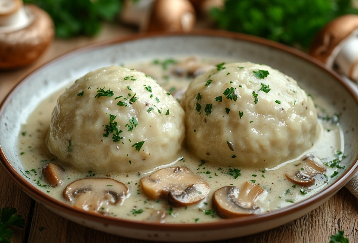 Ein Teller Semmelknödel mit Pilzrahm, bestreut mit Petersilie, drumherum einige Pilze und Petersilie.